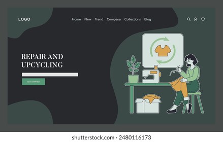 Sustainable Fashion concept. Eco-friendly clothing repair and upcycling on a website interface. Woman sewing to reuse materials, promoting zero-waste lifestyle. Vector illustration.