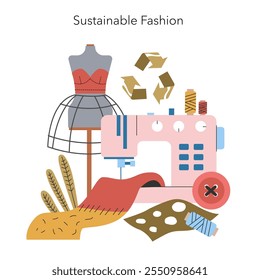 Sustainable Fashion concept. Eco-friendly garment making with sewing machine and recycled materials. Ethical clothing production and waste reduction. Vector illustration.