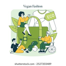 Sustainable fashion concept. Illustration captures the spirit of eco-friendly clothing and accessories with joyful characters. Vector illustration.