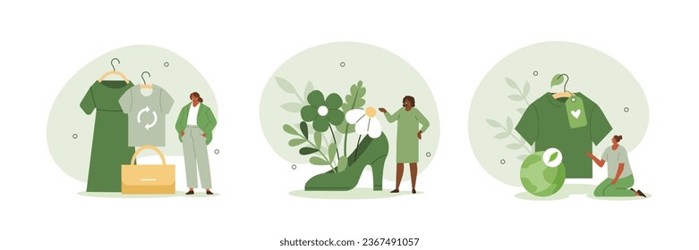 Sustainable fashion concept illustration. Characters buying recycling eco friendly clothes and textile. Slow fashion and thrift or second hand shopping. Vector illustrations set