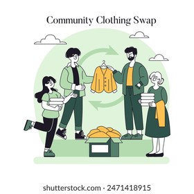 Sustainable fashion concept. Illustration of people participating in a community clothing swap event promoting eco-friendly habits. Vector illustration.