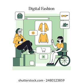 Sustainable Fashion concept. Individuals engage with digital platforms for eco-friendly apparel choices. Online shopping and green fashion awareness. Vector illustration.