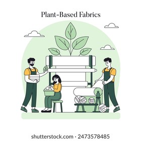 Sustainable fashion concept. People producing textile from plant-based materials promoting eco-friendly apparel. Green manufacturing practice. Vector illustration.