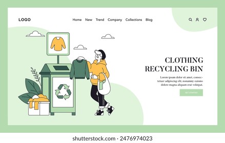 Sustainable fashion concept. Woman contributing to eco-friendly clothing lifecycle at a recycling bin. Conscientious apparel disposal, eco-awareness design. Vector illustration.