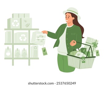 Conceito de moda sustentável. Mulher comprando produtos reciclados eco-friendly, mercadorias. Eco-consciente como apreciar opções recicladas. Ilustração vetorial. Reciclagem, cuidado ambiental, tecnologia verde