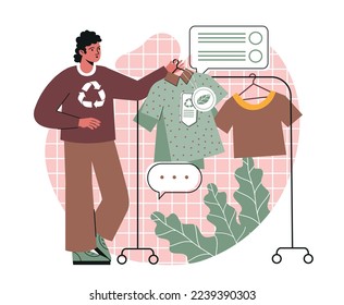 Sustainable fashion concept. Young man buys recycled tshirts from second hand store. Reuse clothes, zero waste and care for environment. Stylish organic outfits. Cartoon flat vector illustration