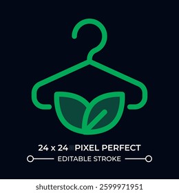 Sustainable fashion dark color ui icon. Clothes hanger with fresh leaves. Eco friendly garment. Selling outfit. Vector colorful symbol isolated on black. User interface element, pixel perfect