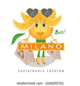 Sustainable fashion design. Eco fashion Milan typographic slogan. An orange girl is shopping in eco-clothes made from recycled oranges and is holding packages of recycled paper. Vector illustration