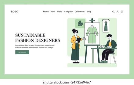 Sustainable Fashion Designers concept. Two professionals creating eco-friendly apparel amidst greenery. Crafting garments with nature in mind. Vector illustration.