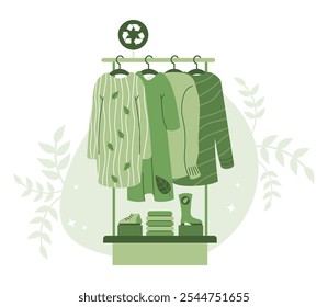 Sustainable Fashion. Eco friendly apparel. Fashionable Eco-conscious attire on hangers, shoes and textile on rack. Vector illustration. Recycle and environmental care concept. Green technologies