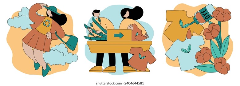 sustainable fashion faceless vector illustration bundle. people wearing recycle clothes. character producing bamboo shirt. shirt using natural dye.