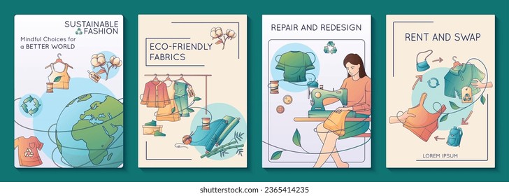 Sustainable fashion flat posters depicting repair redesign rent and swap of clothes isolated vector illustration