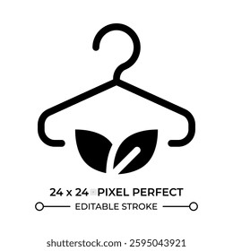 Sustainable fashion glyph ui icon. Clothes hanger with fresh leaves. Eco friendly garment. Selling outfit. Black solid silhouette symbol vector. User interface element isolated, pixel perfect