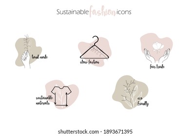 Sustainable fashion icons, hand made, slow fashion, fair trade, responsible materials, eco friendly fabric Hand drawn flat vector illustration.