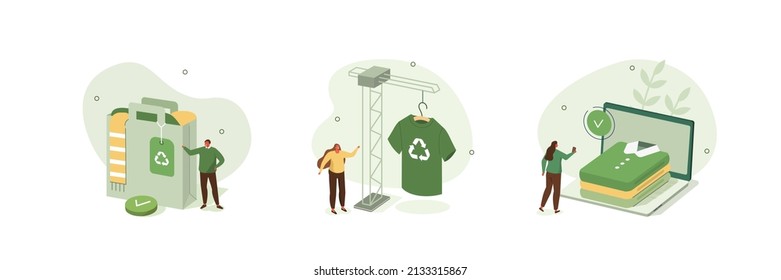 Sustainable fashion illustration set. Characters buying recycling eco friendly textile and selling old clothes on flea market or second hand. Clothes recycling concept. Vector illustration.