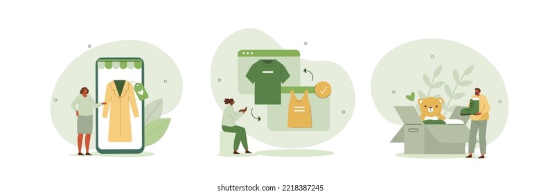 Sustainable fashion illustration set. Characters buying recycling eco friendly textile and selling, donating or swapping vintage clothes on online flea market or second hand. Vector illustration.
