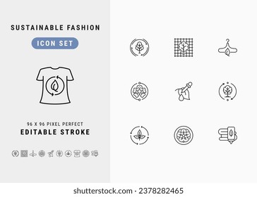 Sustainable Fashion Includes Eco Viscose, Rayon, Slow Fashion, Organic Linen and Natural Dye. Line Icons Set. Editable Stroke Vector Stock. 96 x 96 Pixel Perfect.