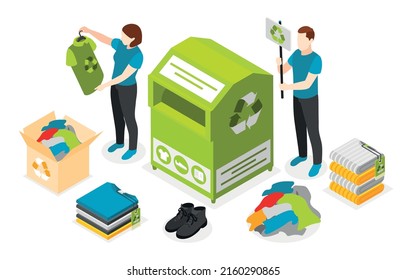 Sustainable fashion isometric composition with cloth recycling container vector illustration