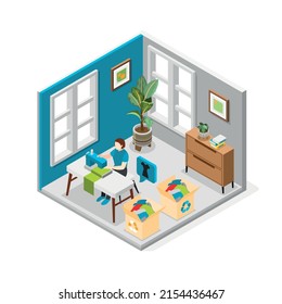 Sustainable fashion isometric composition with woman sitting at sewing machine and sewing clothes from recycled materials vector illustration