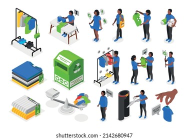 Sustainable Fashion Isometric Recolor Set Of People Buying Clothes In Eco Friendly Store Isolated Vector Illustration