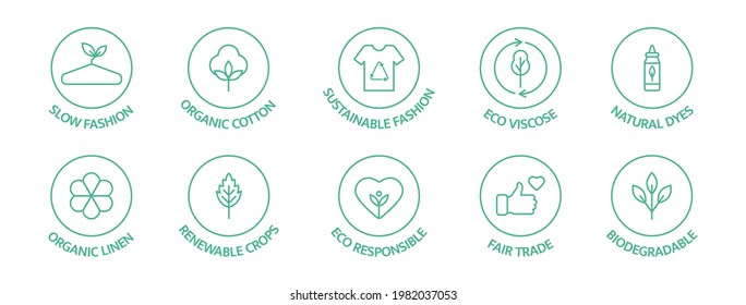 Sustainable fashion line icon set. Eco viscose product logo. Slow fashion badge. Organic cotton, natural dyes, renewable crop label. Fair trade. Conscious development. Vector illustration.