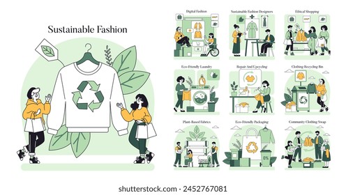 Set de moda sostenible. Ciclo de vida de la ropa ecológicamente consciente desde el diseño hasta el reciclaje. Compra ética, tejidos a base de plantas, intercambio comunitario. Ilustración vectorial.