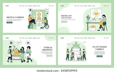 Sustainable Fashion set. Eco-conscious clothing production and packaging, community swap initiatives. Ethical textiles, recycling, and sharing clothes strategy. Vector illustration.