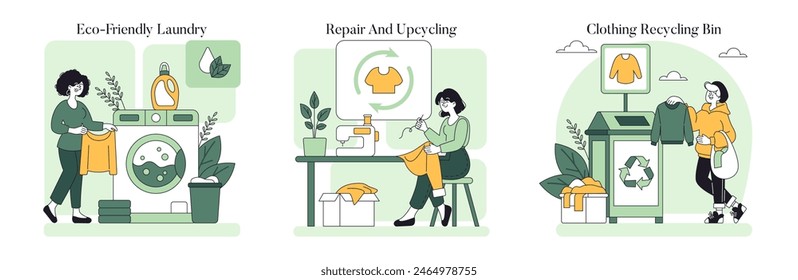 Sustainable Fashion set. Eco-friendly laundry, clothing repair and upcycling, recycling bin practices. Promoting environmental awareness in fashion. Vector illustration.