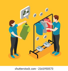 Sustainable fashion shop isometric background with young couple choosing inexpensive ethical clothes vector illustration