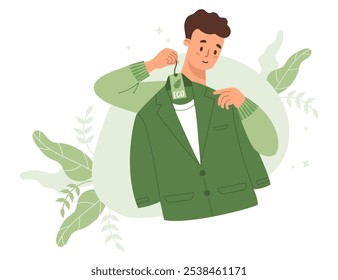 Moda sostenible. De compras. El hombre se prueba un traje de negocios hecho de material reciclado. Comprar ropa ecológica. Reciclaje, cuidado del medio ambiente y tecnología verde. Ilustración vectorial en estilo plano.