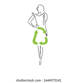  Nachhaltige Mode. Silhouette Frau in Umriss in Kleid mit Schild für Recycling. Konzept für langsame Mode, Rundmode, Recycling. Kann in Print- oder Plakatdesign verwendet werden,