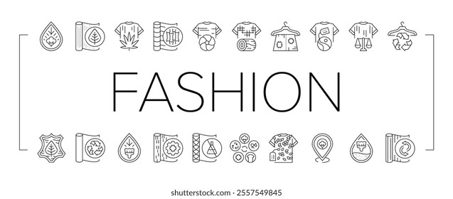 sustainable fashion textile eco icons set vector. organic ethical, cotton clothes, fair, green trade, recycle nature, friendly fabric sustainable fashion textile eco black contour illustrations