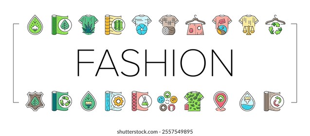 sustainable fashion textile eco icons set vector. organic ethical, cotton clothes, fair, green trade, recycle nature, friendly fabric sustainable fashion textile eco color line illustrations