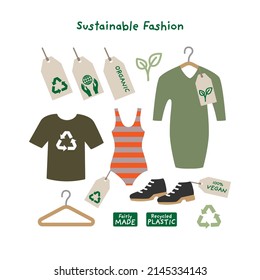 Sustainable Fashion Vector Illustration. Set Of Eco Friendly Clothes, Shoes And Labels.