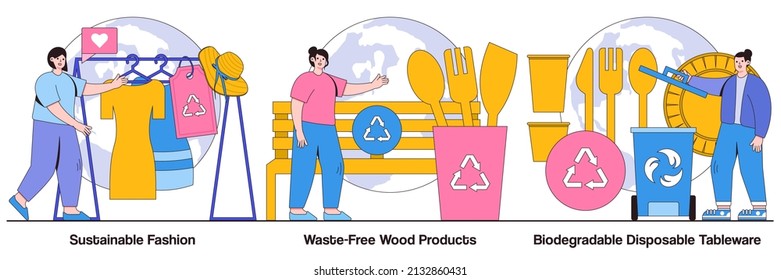 Sustainable fashion, waste-free wood products, biodegradable disposable tableware concepts with people characters. Ecological integrity vector illustration pack. Eco-friendly innovations metaphor.