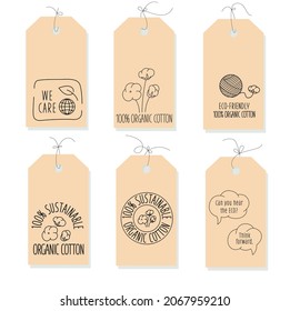 Sustainable fibers label, tag set with icon and sign for eco friendly, natural fabric product, clothing packaging. Vector stock illustration isolated on white background. EPS10