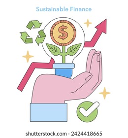 Sustainable Finance concept. Ethical investment with eco-friendly growth. Green economy and renewable profits. Environmental consciousness in finance. Flat vector illustration