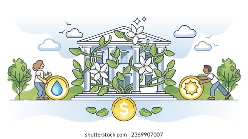 Sustainable finance as green ecological business development outline concept. Environmental economy with ESG strategy or principles vector illustration. Nature friendly banking for responsible future