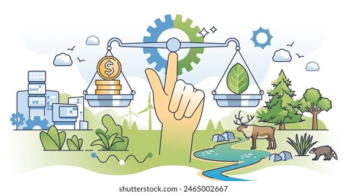 Sustainable finance investment for balanced eco impact outline hands concept. Nature friendly and green economical profit from renewable and ecological resources vector illustration. ESG measurement.