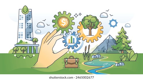 Finanzas sustentables y negocios amigables con la naturaleza delinean el concepto de manos. Gobierno corporativo eficaz y ecológico con Ilustración vectorial de gestión de impacto ambiental. Informes MSG.