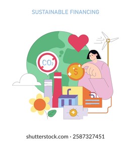 Sustainable financing concept. Economic investment for renewable energy, carbon reduction, and green infrastructure development. Promotes environmentally friendly financial strategies. Vector