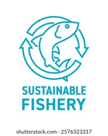 Sustainable fishery stamp - for marine ecosystems, reproductive rate of fish, balance and survival of all species. Renew sign with fish in bold line