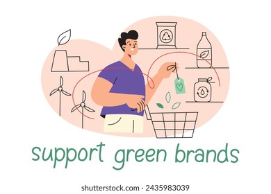 Sustainable food composition, eco products icons, vector illustration of man character in supermarket, buying eco friendly grocery, support green production, poster with lettering, ecology concept