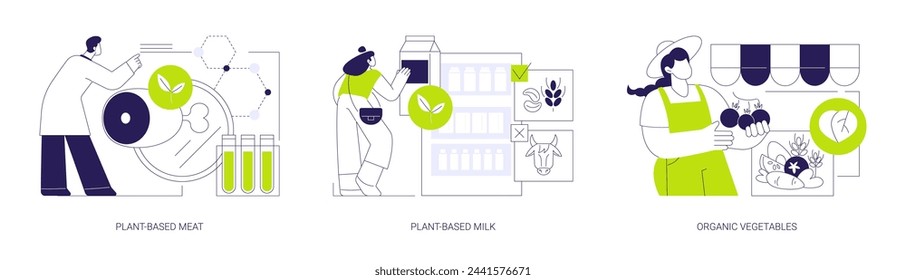 Sustainable food production abstract concept vector illustration set. Plant-based meat and milk, organic vegetables, lab grown meat, genetic engineering, vitamin seasoning abstract metaphor.