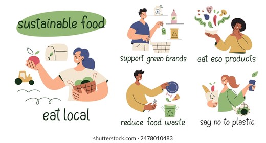 Colección de escenarios de comida sostenible. Las Personas compran comida local, reducen el desperdicio, comen comida ecológica. Composiciones ecológicas con letras, sin plástico. Ilustraciones vectoriales de estilo de vida verde, sostenibilidad