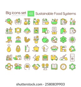 Sustainable food systems RGB color icons set. Products safety, transportation service. Cooking process. Isolated vector illustrations. Simple filled line drawings collection. Editable stroke