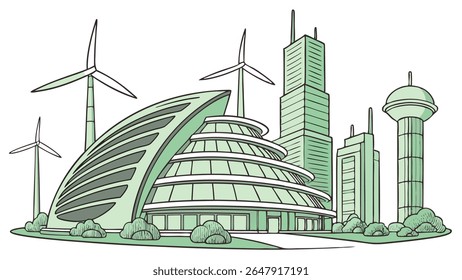 Sustainable future city skyline with modern green buildings and wind turbines, symbolizing renewable energy and eco-friendly urban development.