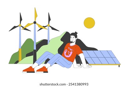 Sustainable generators renewable energy 2D illustration concept. Wind turbines, solar panel. Lifestyle eco conscious man cartoon character isolated on white. Metaphor abstract flat vector graphic