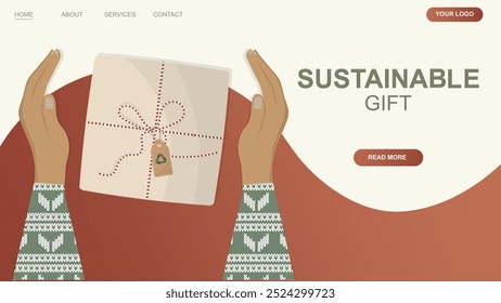 Sustainable Gift banner: Eco-Friendly Gift Wrapping. Hands holding a sustainably wrapped gift, showcasing eco-friendly packaging and promoting sustainable gifting practices
