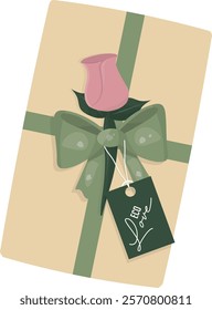 Sustainable Gift Box with Pink Rose Detail isolated on transparent background. Illustration of eco-friendly gift box. Ecological love concept. Valentines day or birthday concept. Vector illustration